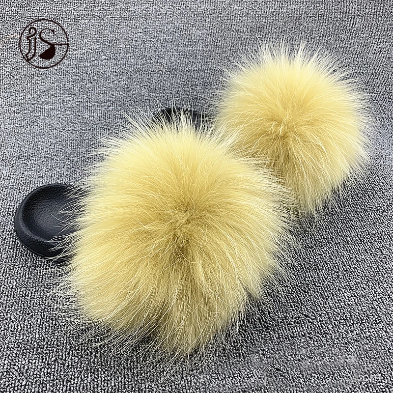 

New design colorful fur slippers women slippers real raccoon fur slippers high-end genuine lady raccoon slides, Picture