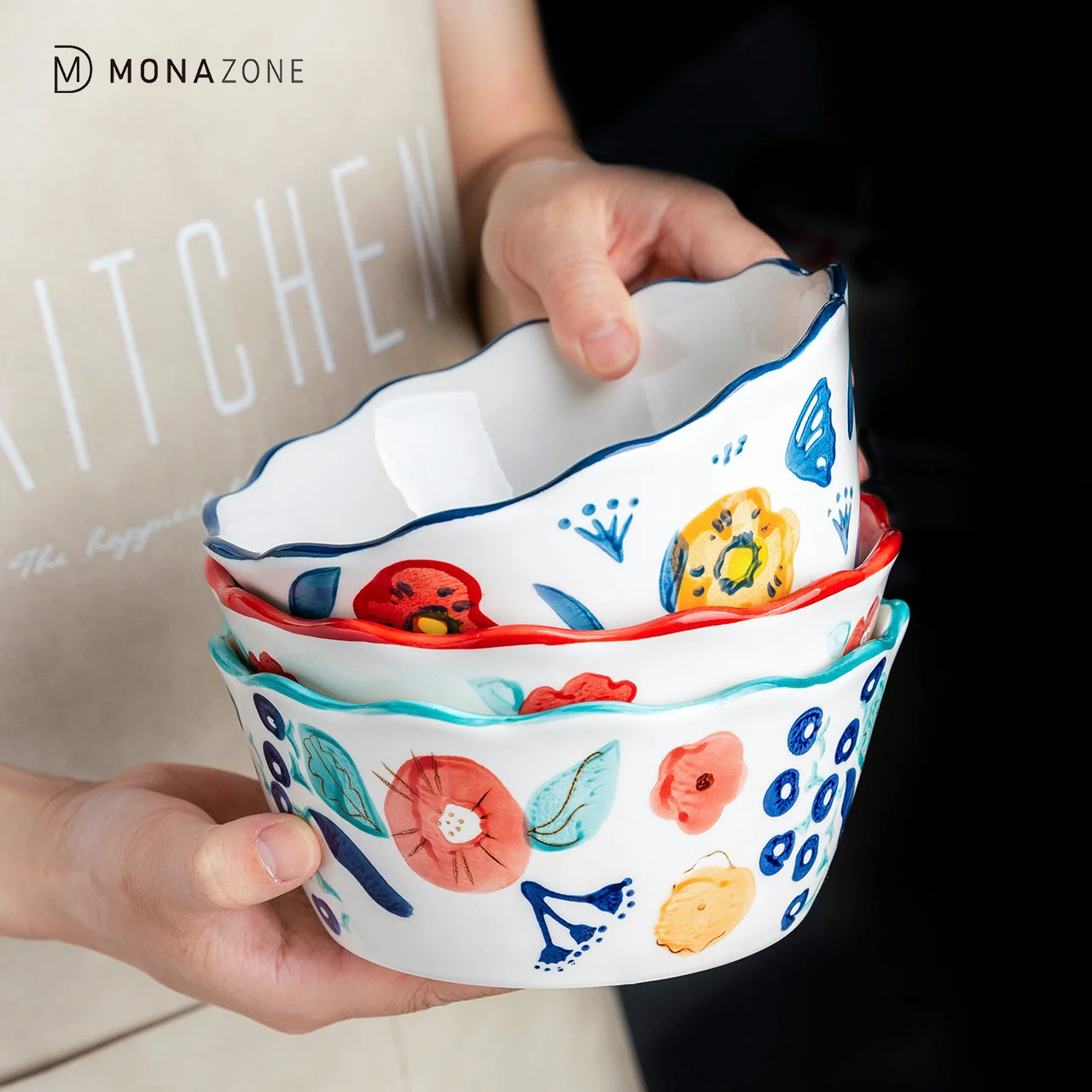 

MONAZONE Flower Pattern Heat-Resistant Microwave Tableware Lace Ceramic Noodle Rice Bowl Soup Bowl