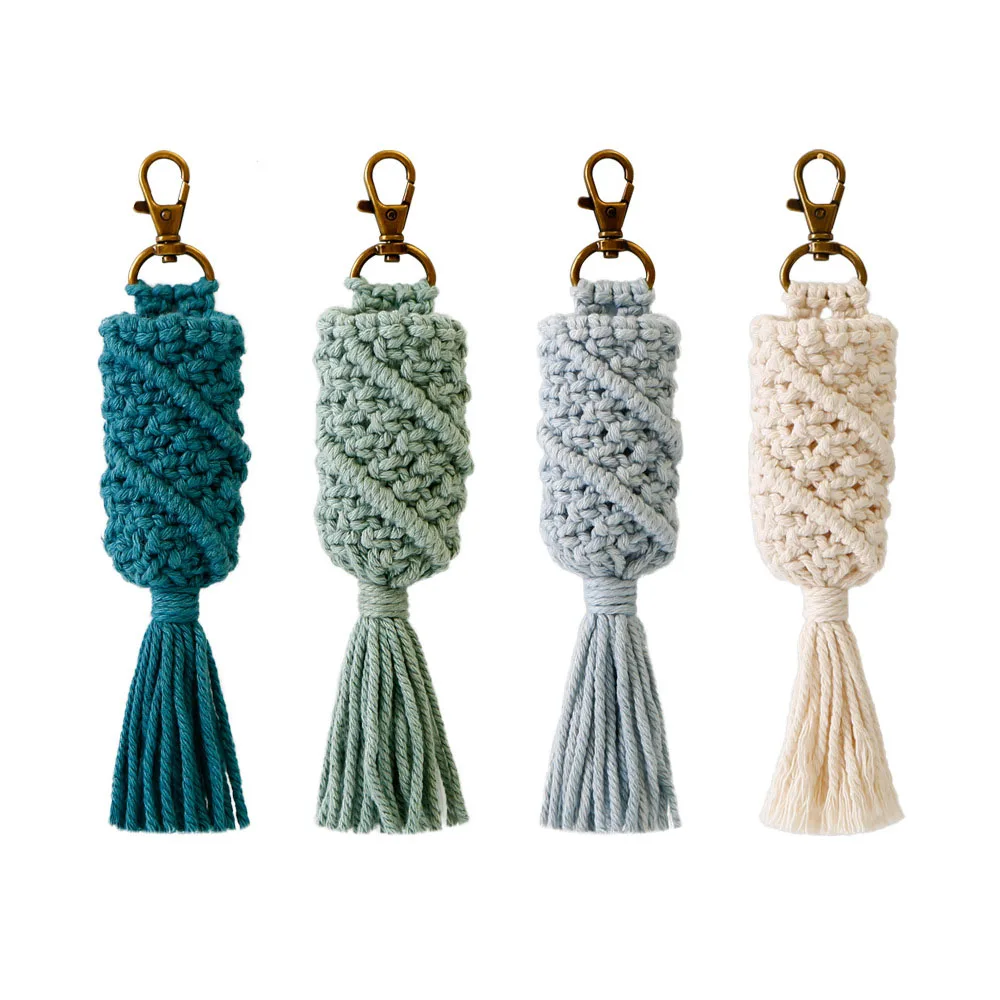 

New Design Handmade Woven Keychain Hand Wash Bottle Net Pocket Tassel Macrame Keychain For Bag Accessories