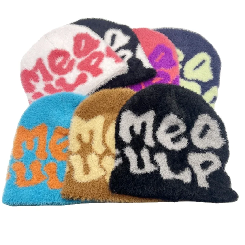 

Winter Fashion Y2K Streetwear Warm Furry Mohair Beanies Cap Personalized Letter Hip Hop Skull Cap Fur Jacquard Beanie Hat