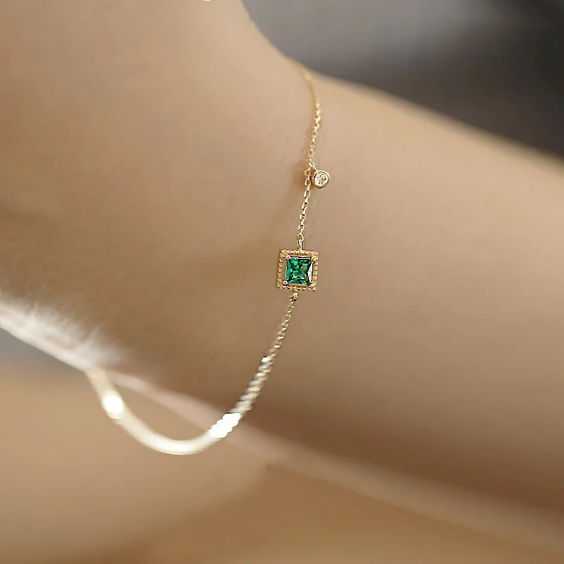 

Luxury Jewelry 14K Real Gold Plated Square Emerald Gemstone Bracelet 925 Sterling Silver Emerald Bracelet for Women