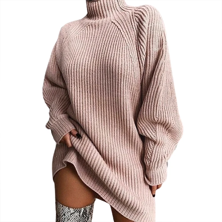 

Fashion Solid Color Turtleneck Loose Knitted Mid Length Long Sleeve Sweater Casual Dresses, Apricot / dark gray / light gray / pink / wine red