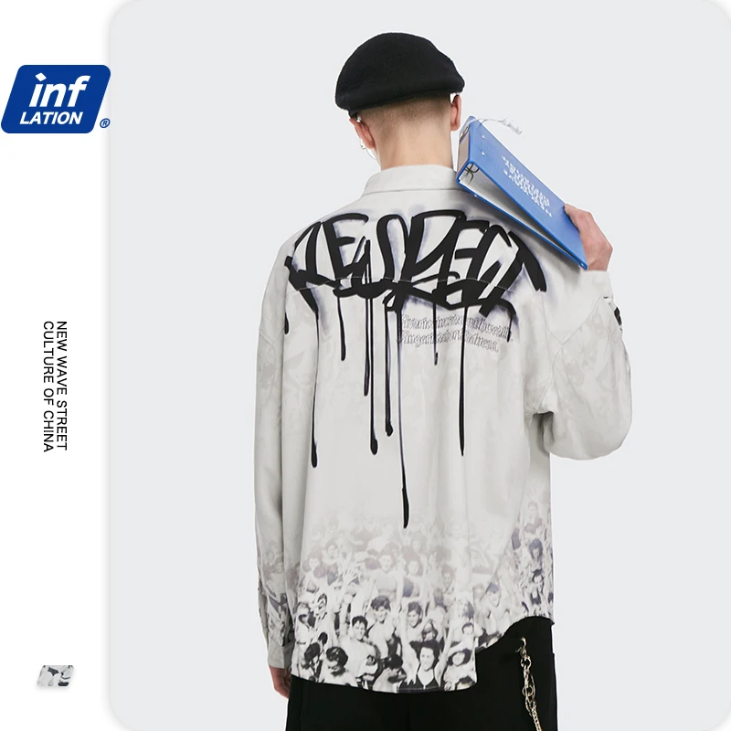 

INFLATION Hip Hop In Stock Polyester Men Oversized Shirt Vintage Graffiti Printed Loose Men's Long Sleeve Shirt, As shown as photo