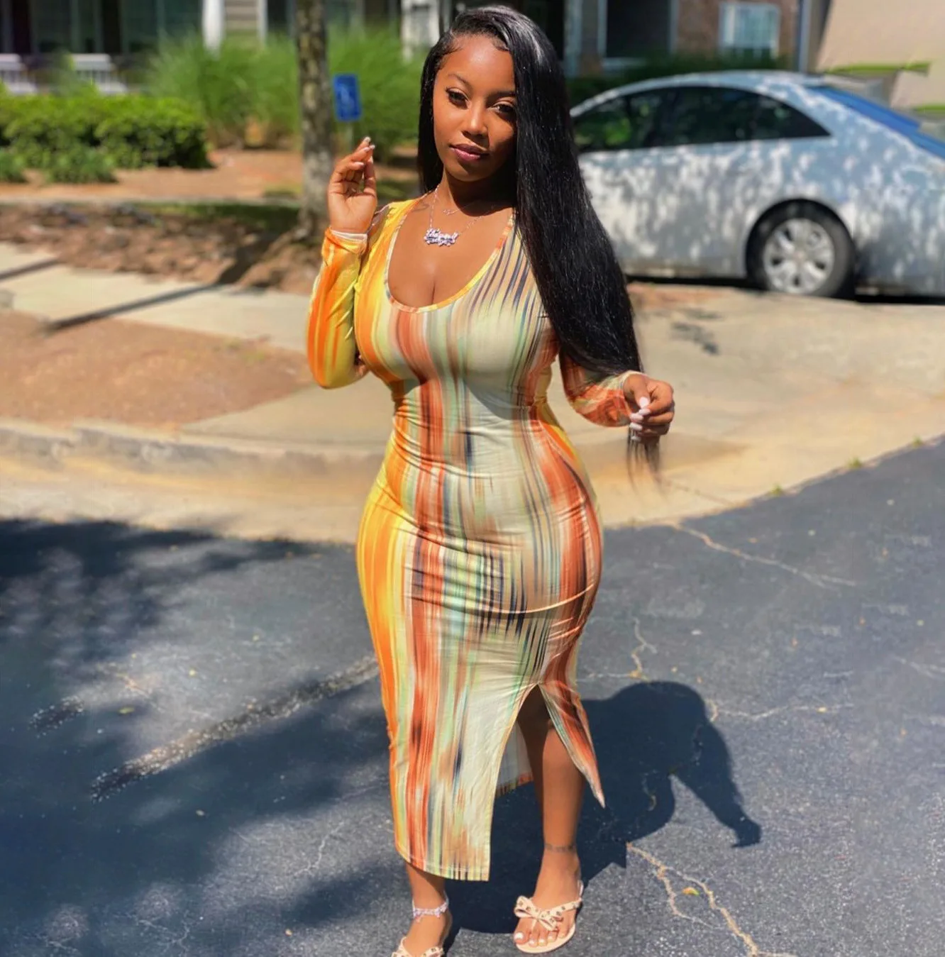 

Ready To Ship 2021 Fashion V-Neck Slit Long Sleeve Dress Fall Women Club Party Bodycon Evening Dress Skinny Tie Dye Dresses, Yellow
