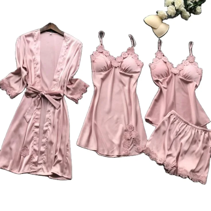 

Lady Casual Wear Retail Products Four Pieces Sets Women Summer Homewear women satin pajamas set, Gray, light blue, pink, yellow and wine red