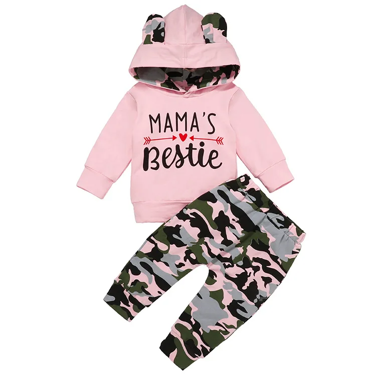 

Two-piece camouflage female baby letter print hooded sweater Suit