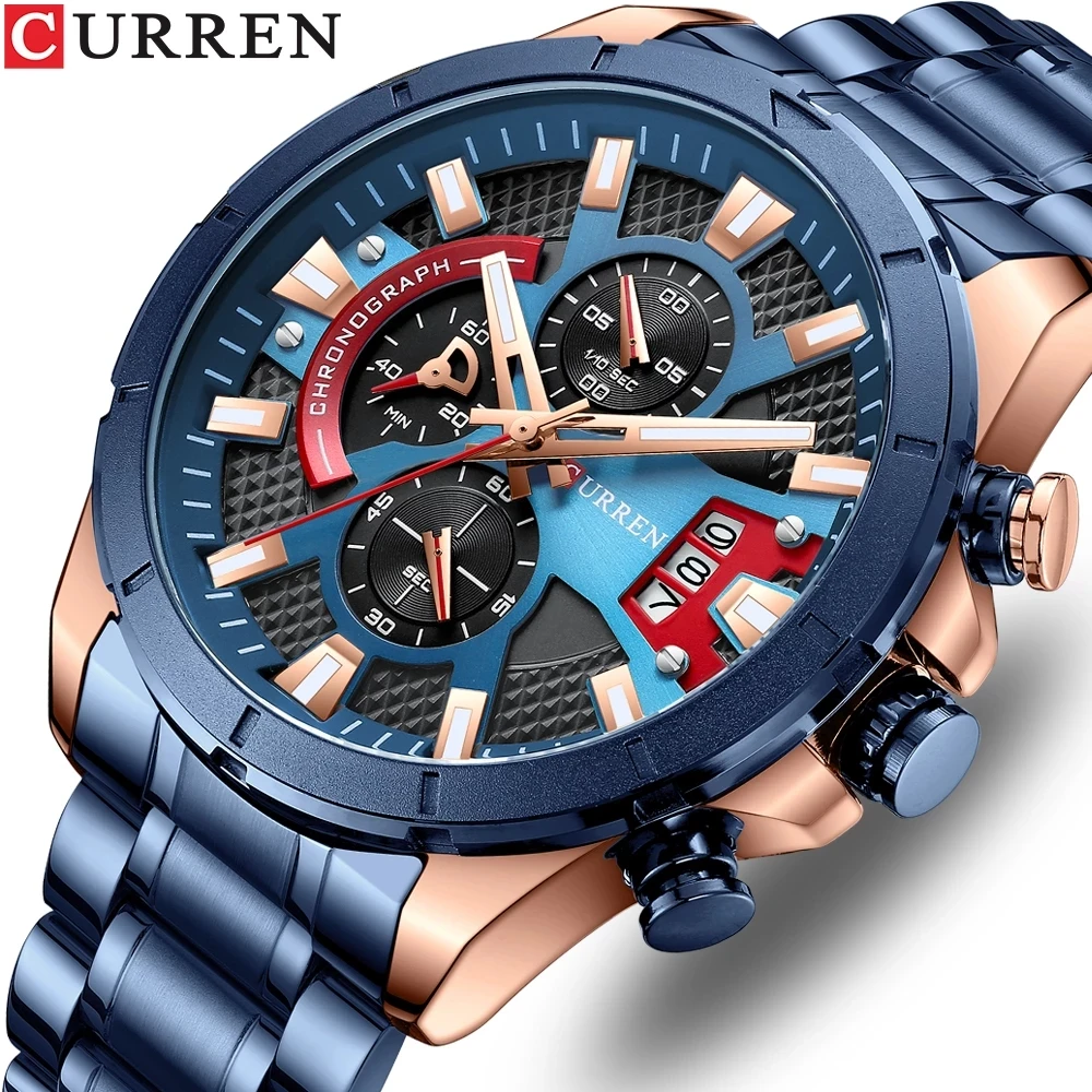

CURREN 8401 New Fashion Wristwatches for Men Casual Luminous Black Watch Green Face with Stainless Steel Band Chronograph Clock