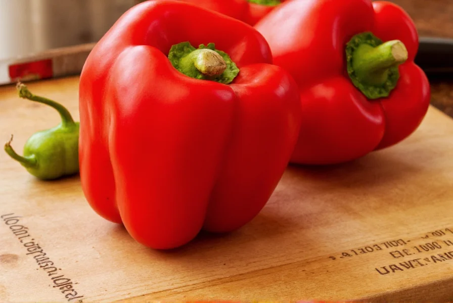 Close-up of vibrant red bell peppers on a wooden cutting board with nutritional information chart