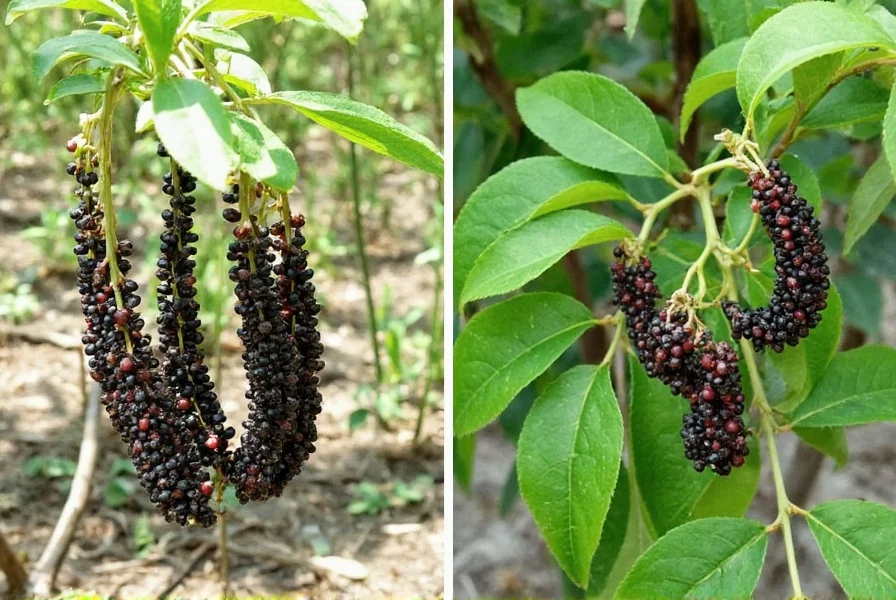 Farm workers harvesting black pepper berries by hand from vine clusters showing different ripeness stages