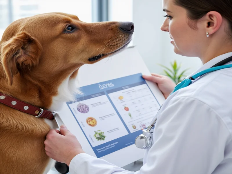 Veterinarian examining dog with balanced diet chart