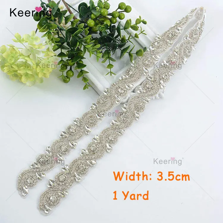 

Amazon top sell silver and gold ab crystal rhinestone applique trim clear beaded pearl hot fix trimming WRA-925, Royal bule and clear stone