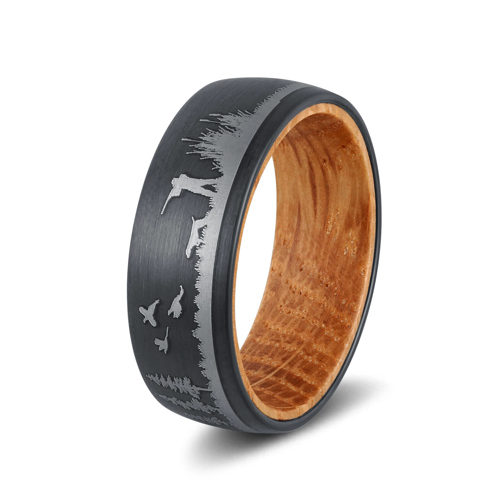 

Poya 8mm Whiskey Barrel Wood Sleeve Bird Dog Tree Lasered Black Tungsten Carbide Hunting Ring For Men, Customized color