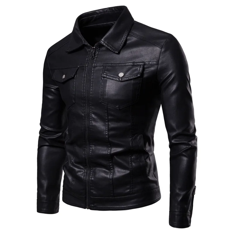 

MJP130 NEW Hot Sell Black Leather Windproof Jacket Coat Zipper and Ruched Men Motorcycle Jackets Leather Jackets, As picture