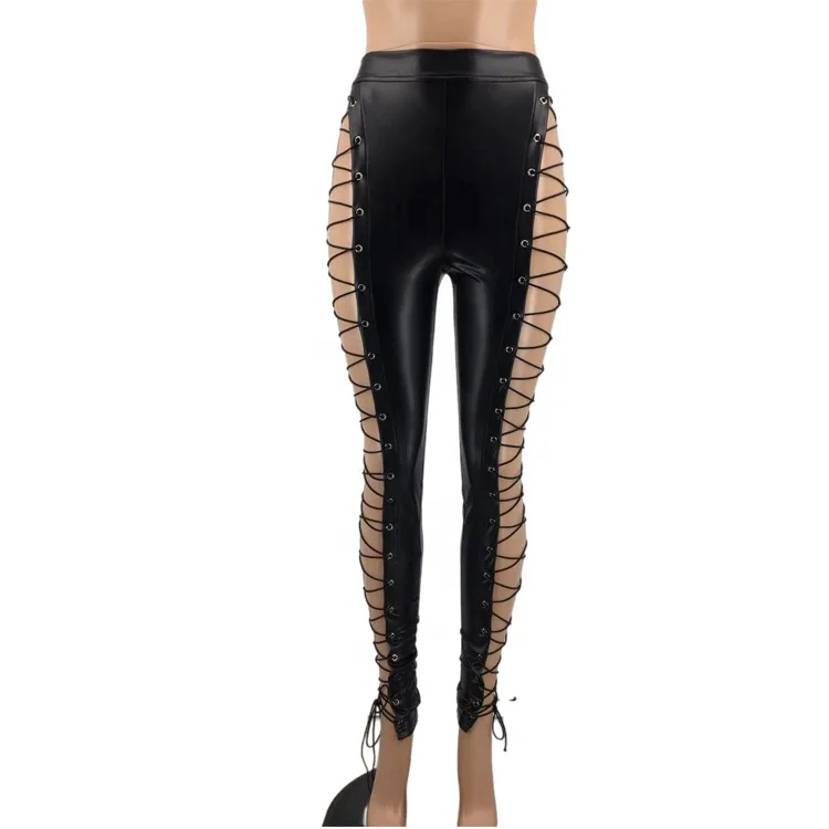 

2021 New Black Sexy Transparent Bandage Lace Up High Quality Pants Sexy Bodycon Club Party PU Leather Pants for Women