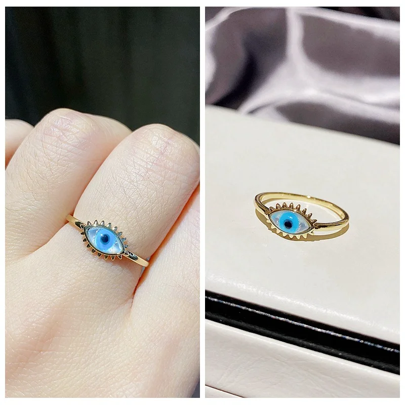 

2021 new fashion Turkish blue devil's eye zircon ring for women with real gold plating blue eye personality ring wholesale