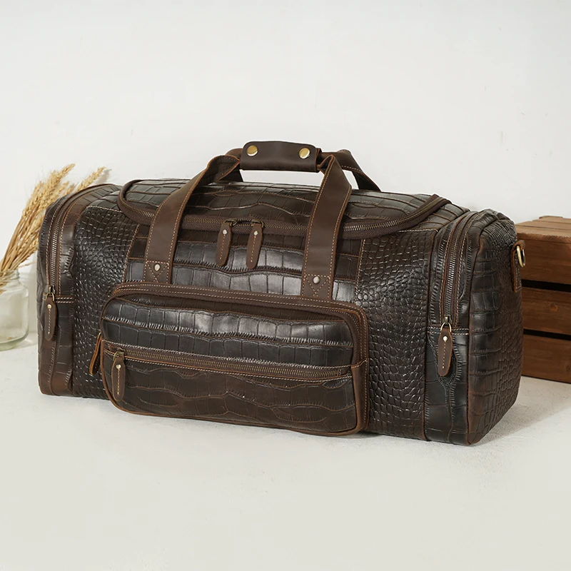 

ODM Custom Alligator Print Croco Crocodile Pattern Genuine Real Leather Holdall Garment Overnight Weekend Travel Bags Duffel Bag