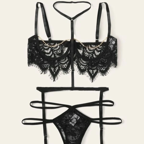 

Sexy lingeries lattice front howllow out transparent lingerie super push up 3 piece lingerie set