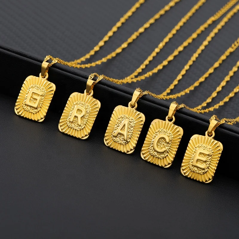

Punk Golden 26 English Letter A-Z Initial Rectangle Carved Necklace For Women Men Name Choker Necklaces