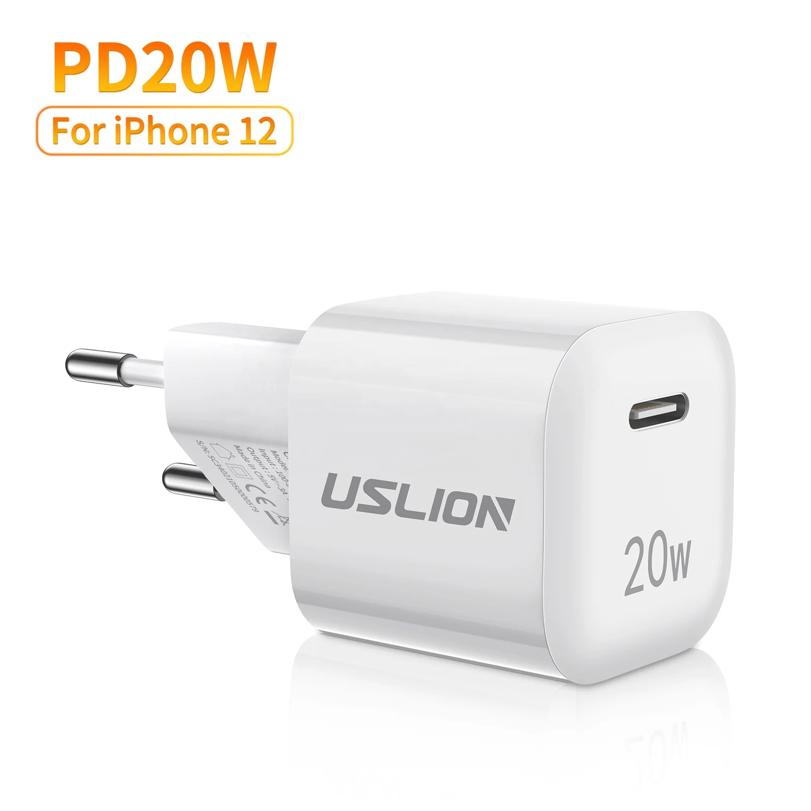 

USLION 2022 New Wholesale PD 20W Super Charge Wall Charger Type C Fast Charging USB C PD Charger Adapter for iphone 13 12 11, White