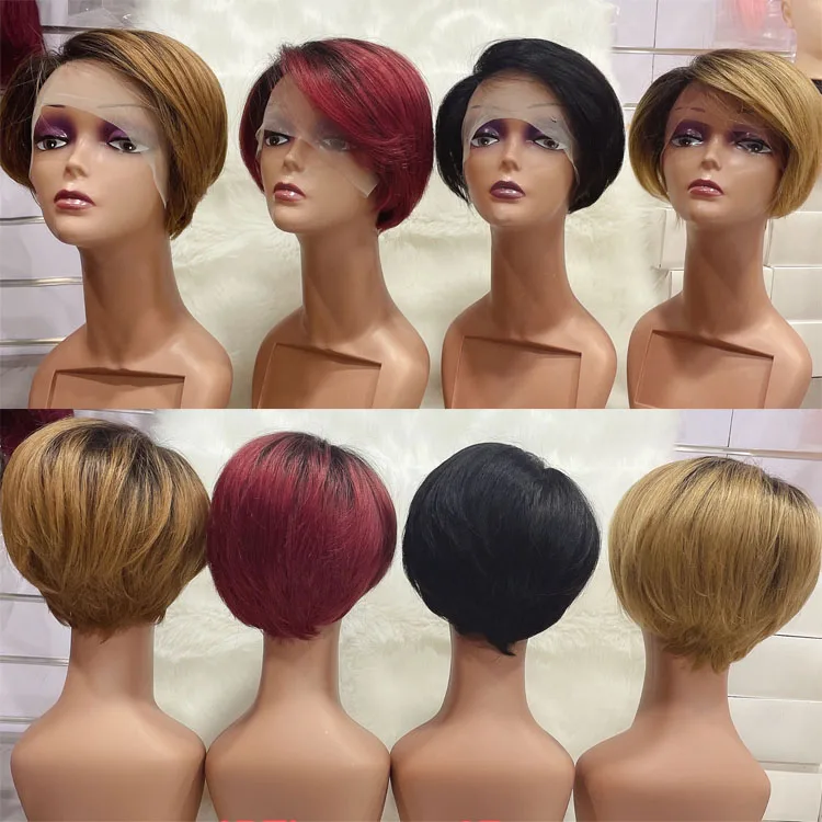 

Wholesale 13x4 curly bob short ombre color virgin hair wig toupee straight perruque pixie cut 100% human hair lace front wigs