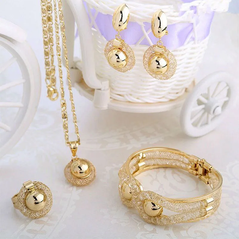 

African 18k gold color jewelry sets Dubai wedding bridal gifts jewellery necklace bracelet earrings ring set for women