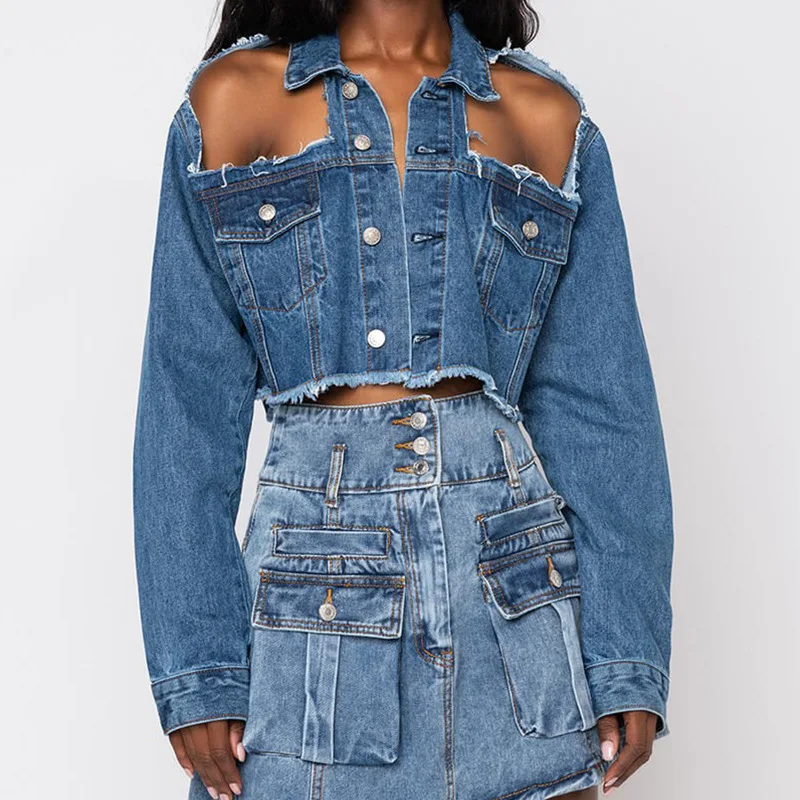 

Custom Logo Fall 2021 Women Clothes Cut Out Pocket Women Ripped Hole Blue Jean Jacket, Customized