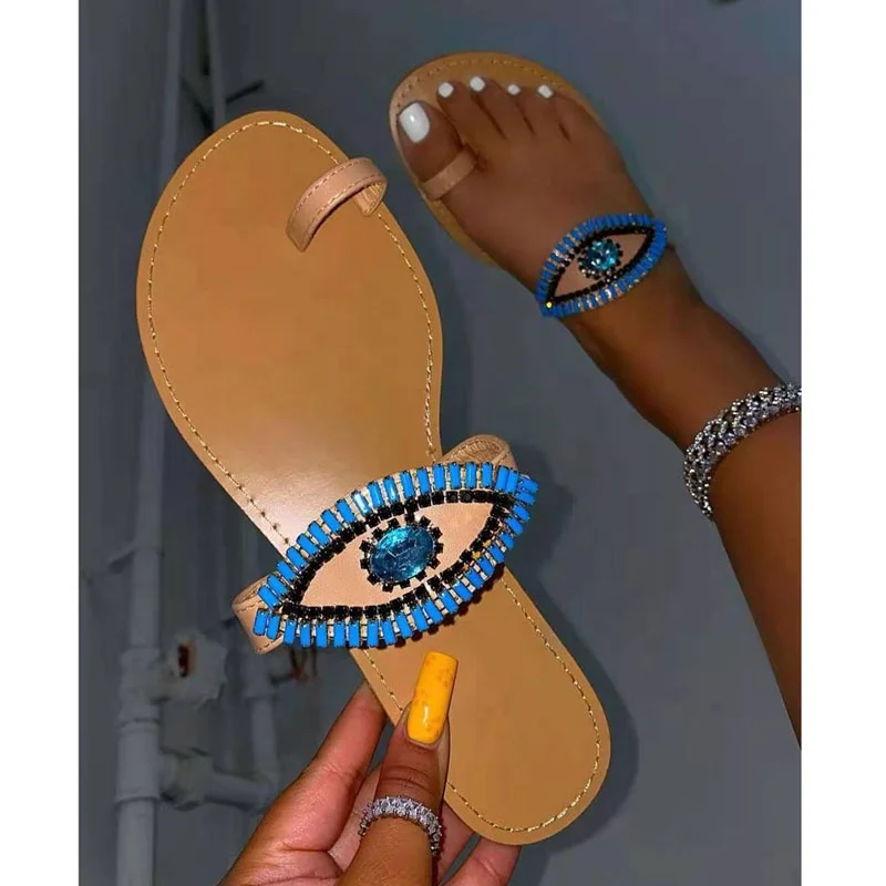 

Factory summer beach boutique new cheap fashion design eye slipper rhinestone gems sandal girl lady slides flat slipper woman, Optional