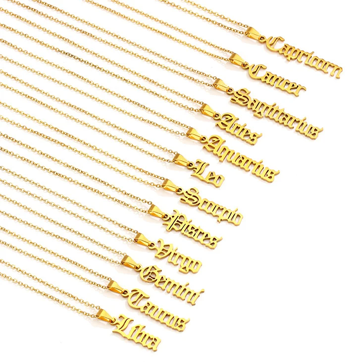 

Wholesale Vendor Gold Silver Plated Vertical Astrology 12 Horoscope Stainless Steel Woman Old English Zodiac Sign Necklace