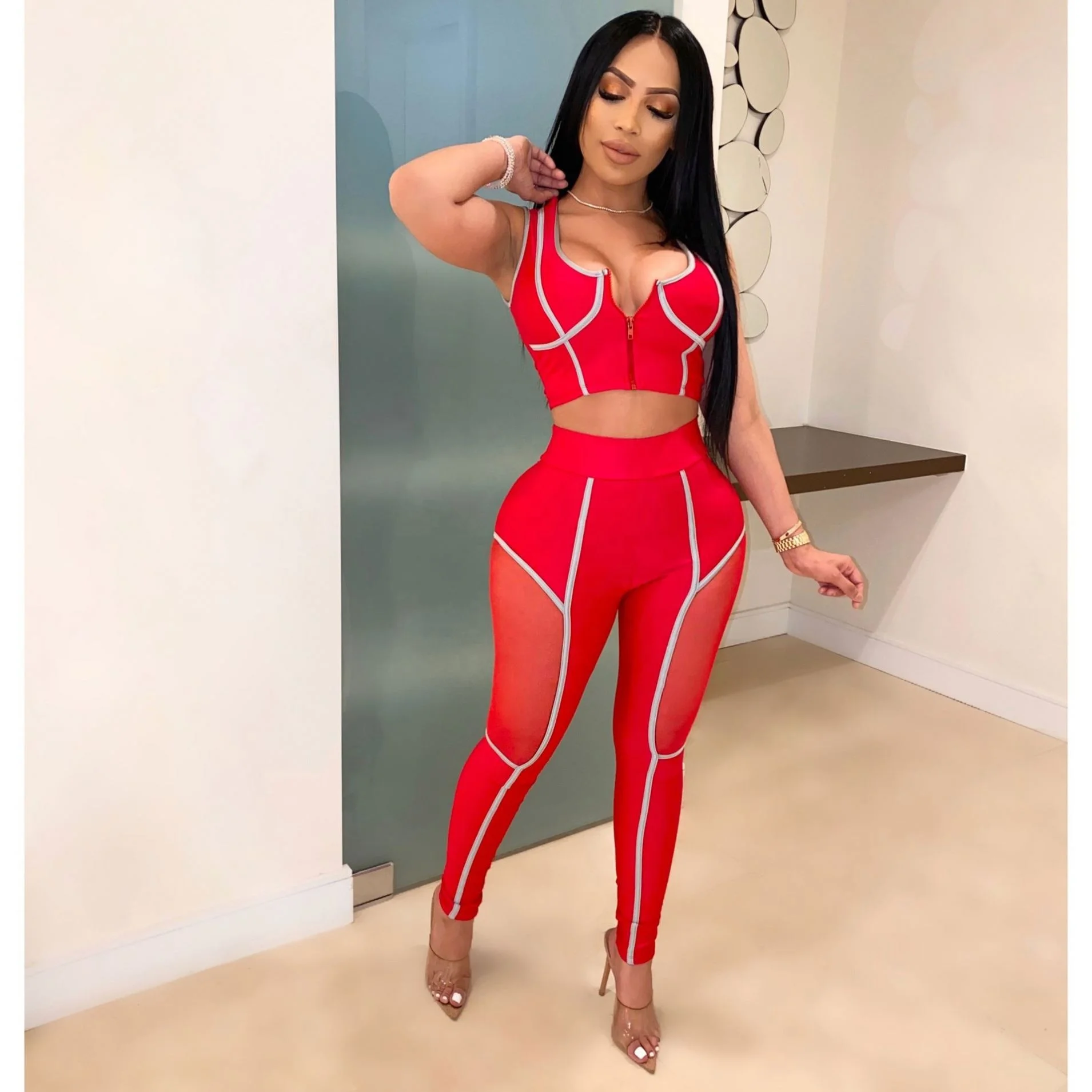 

Plus Size Tight Sports Splicing Gauze Suits Yoga Fitness Women Two Piece Set Clothing, Black,red