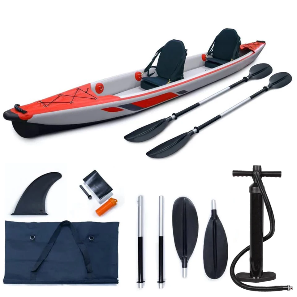 

Stock Inflatable Kayak 2 Person Factory Custom Fishing Canoe Drop Stitch Rowing Boats With Detachable Fin, Blue,red,black,yellow etc.