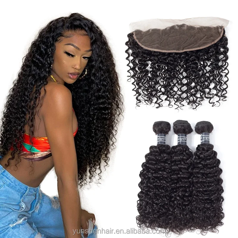 

Lace Frontal Closure Jerry Curl Brazilian Virgin Cuticle Aligned Curly Human Hair Weave Bundles for Black Women 100% Unprocessed, Natural black/ #1b color