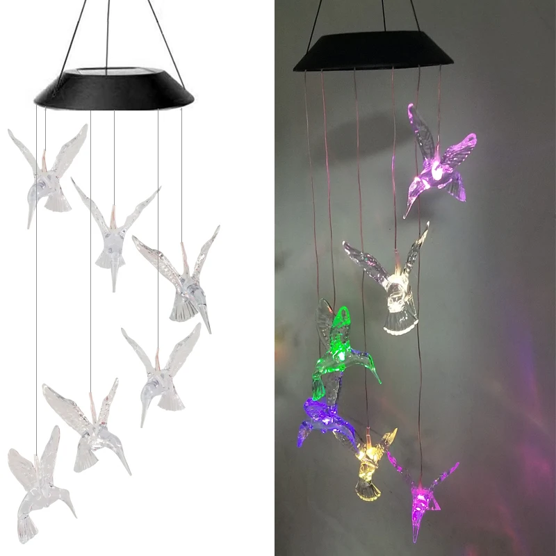 Hummingbird Color Changing Solar Wind Chime Decorative Outdoor Hanging Patio Light