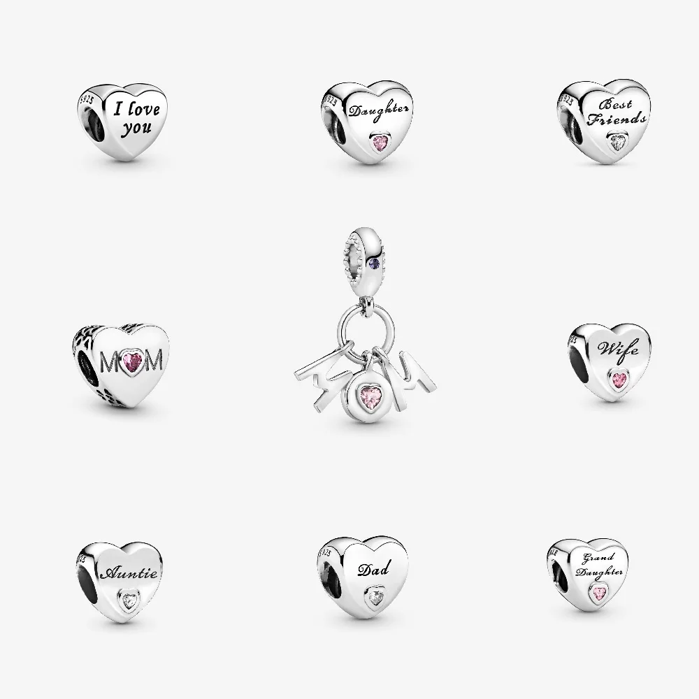 

Heart shape Sister Dad Mom Daughter beads fit Pandora charms silver 925 Bracelet trinket jewelry for women DIY making