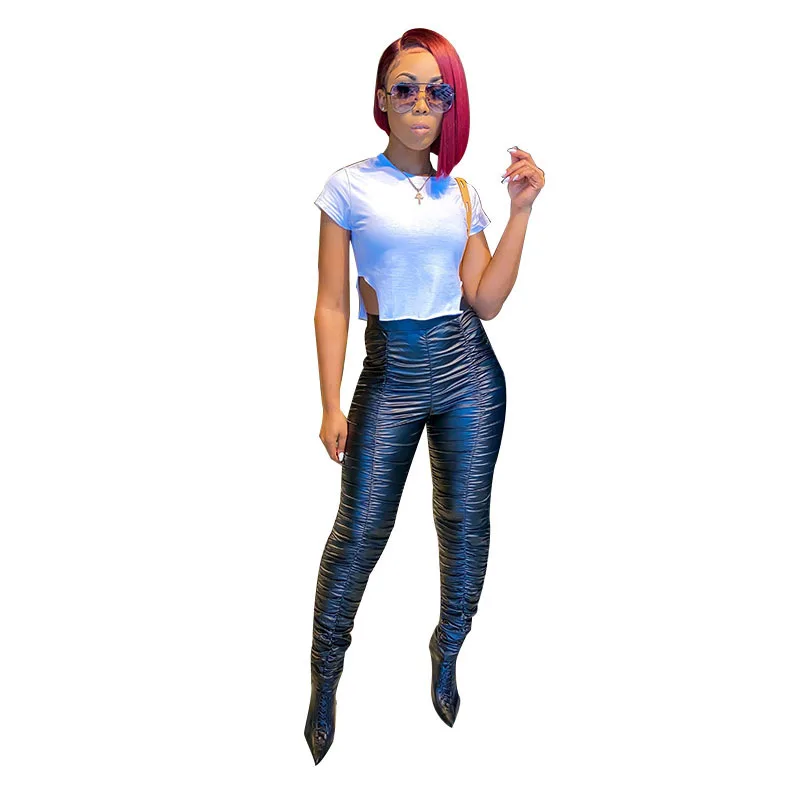 

Wholesale Sexy Women Pu Tight Trousers Black Pleated Stack Pu Leather Pants