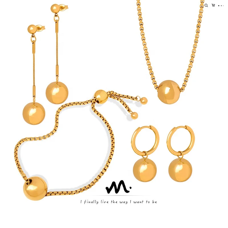 

Fashion Steel Bead Pendant Box Chain Stainless Steel 18K Gold Plated Jewelry Set