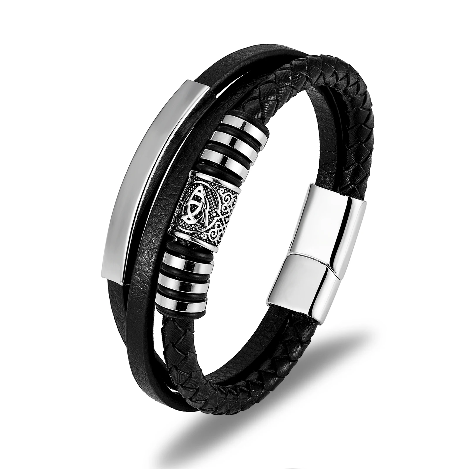 

Fashion Stainless Steel Clasp Leather Bracelet Accessories Multi Layer Braided Leather Band, Black