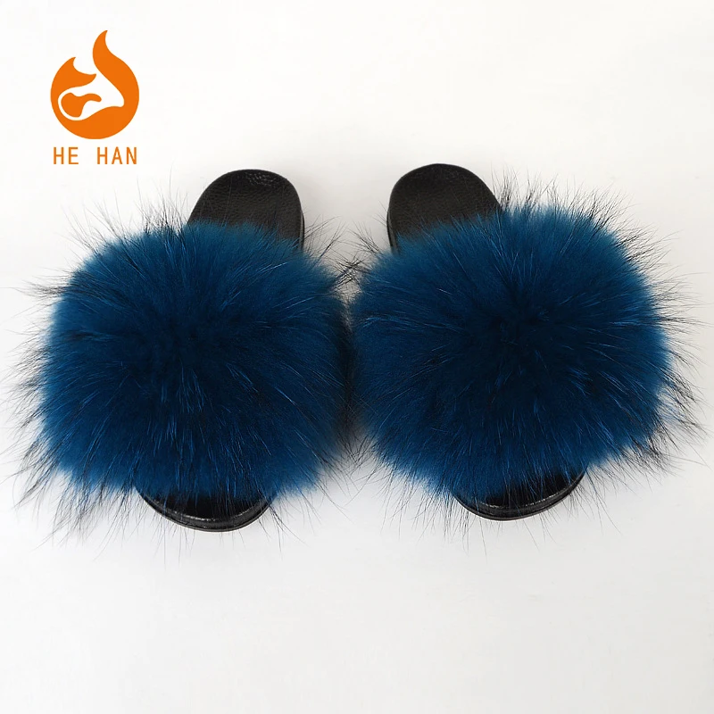 

new design custom color logo furry raccoon slippers women kids racoon fur slide vendor