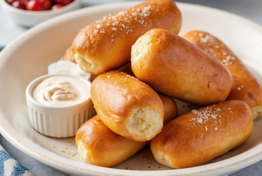 Eight perfectly baked cinnamon dogs on a white plate with cinnamon sugar sprinkled on top, golden brown crescent roll dough wrapped around hot dogs, served on a wooden table with cinnamon sticks nearby