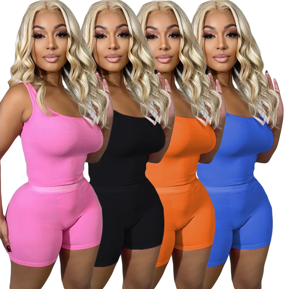 2024 Women's Summer Outfits Think Crop Top & Biker Shorts Solid Pattern Joggers Set with Bow Collar Casual Activewear