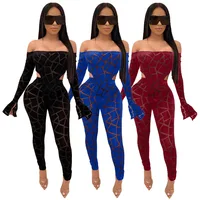 

New Arrivals Fashion Women Off Shoulder Flared Sleeve Slim Pants 2 Pieces Set Geometric Floral Print See-through Mesh Jumpsuit