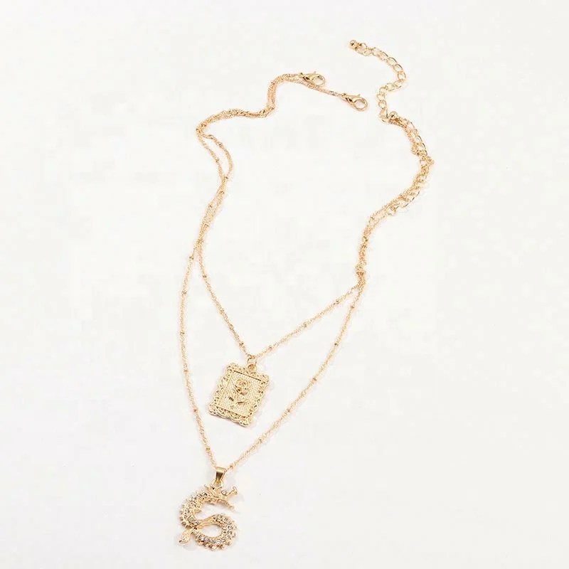 

Rose Flower Diamond Pendant Necklace Chinese Dragon Pendant Necklace Set, Gold