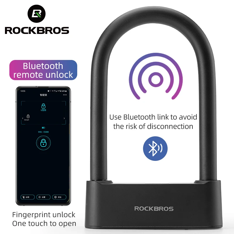

ROCKBROS Smart Bicycle U lock Anti-theft Fingerprint Bike Lock Bicycle Alarm Lock, Black