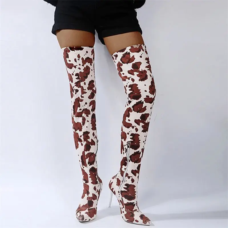 

Trendy new design custom LOGO ladies long winter boots women sexy thigh high heels cow over the knee tall boots, White,brown