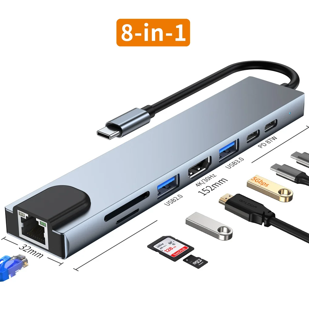 

8 in 1 Type C Hub USB C to USB 3.0 PD Fast Charge Type C to RJ45 Lan Adapter 4K HDMI-Compatible For Laptop 8 Ports Dock Station