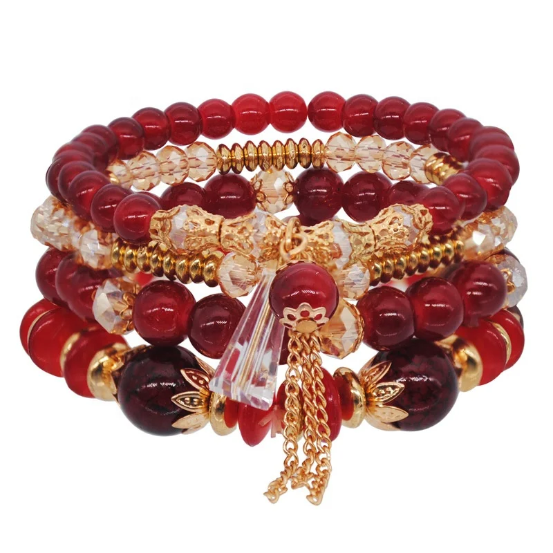 

Hot Sale Bohemian Stretch Bangles Middle East Ocean Style Multi Layer Crystal Bead Natual Stone Tassel Bracelet For Girls Women, Gold ,silver ,rose gold