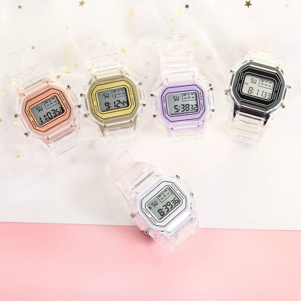 

Factory Wholesale High Quality Ins Style Students Waterproof Transparent Small Square Sport Digital Wrist Watch, Rose gold, gold, white, purple, black