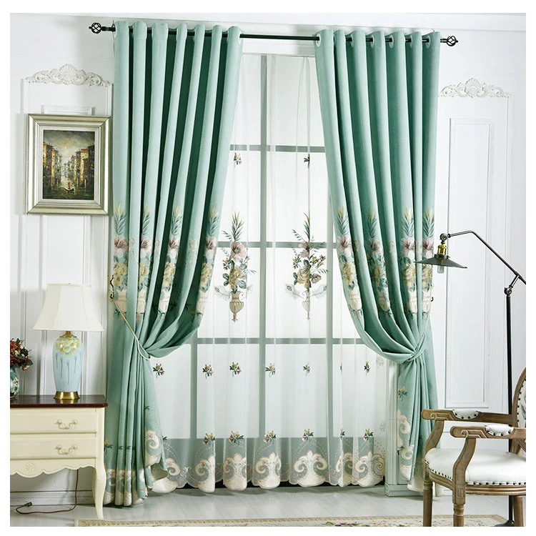 Teal Curtains Flower Livingroom Curtain Blackout,Luxury Embroidered
