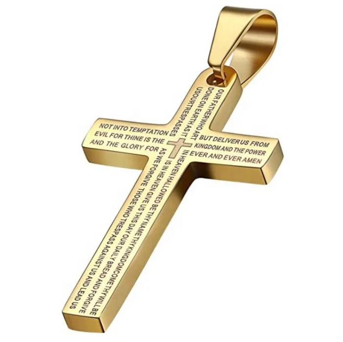 

Men women cross lord prayer silver/gold/black/blue wholesale custom stainless steel 18k gold cross pendant with English bible