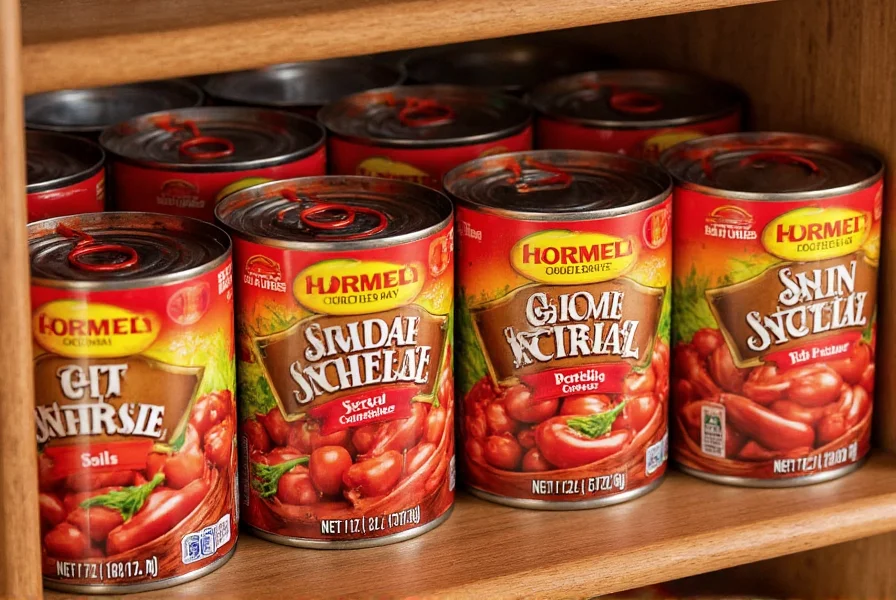 Properly stored Hormel chili cans in pantry with temperature and humidity indicators