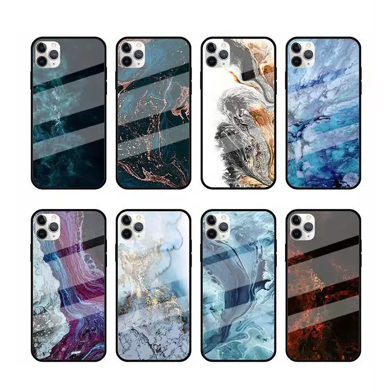 

Square Shape Glossy Marble Pattern Tempered Glass Phone Case For iPhone X 7 8 Plus, Multi-color, welcome custom color